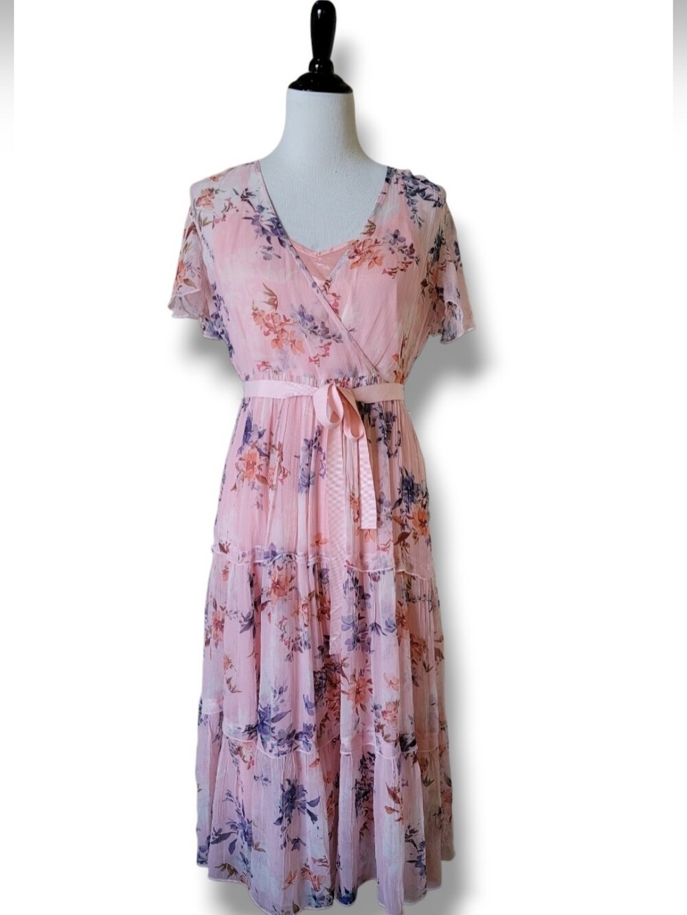 Sundance Alexandria Floral Chiffon Tiered Flutter Sleeve Midi Dress S Pink